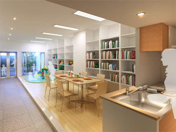 Shared facilities.  [Multi-studio] A common room with a wide-to-use kitchen. It is perfect for children birthday party. (Rendering)