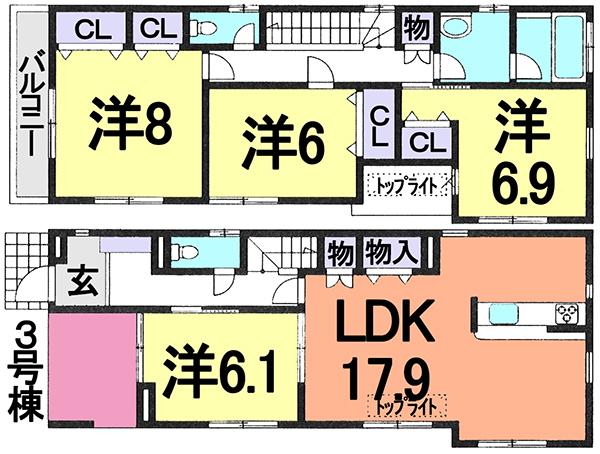 Floor plan. (3 Building), Price 44,800,000 yen, 4LDK, Land area 100 sq m , Building area 119.13 sq m