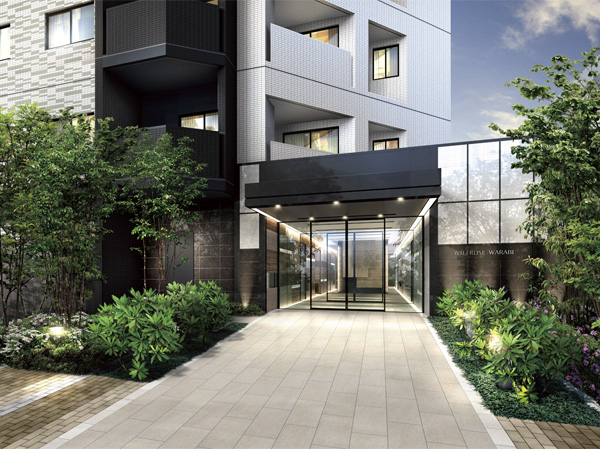 Shared facilities.  [Symbolic entrance] Glass wall is arranged that combines the texture feel the history in the entrance nestled in the previous planting, It weaves a strange of sophistication and depth along with the lower part of the black granite. Invites the visitor to go line is drawn to extend straight to its previous hall from the entrance. (Rendering)