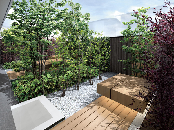 Shared facilities.  [Courtyard of Calm and gatherings] Courtyard that has been configured in texture with a warmth and softness. (Rendering)