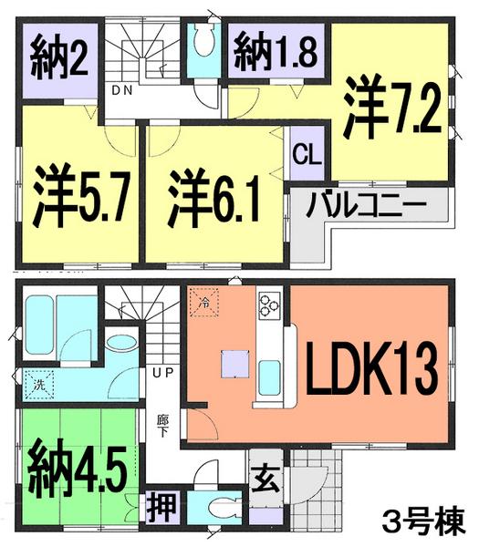 Floor plan. (3 Building), Price 23.8 million yen, 4LDK+2S, Land area 95.5 sq m , Building area 89.1 sq m