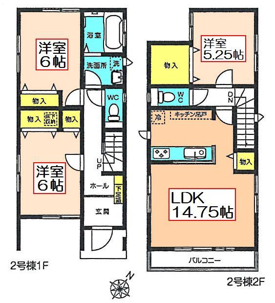 Floor plan. (Building 2), Price 29,800,000 yen, 3LDK+S, Land area 80.19 sq m , Building area 86.94 sq m