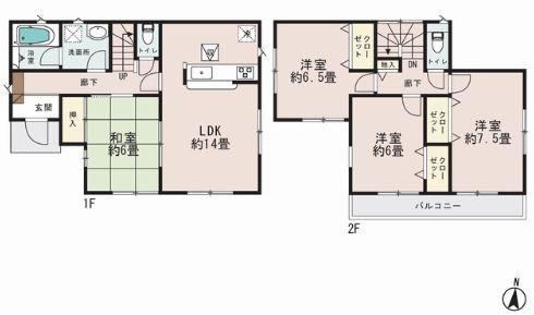 Floor plan. 30,800,000 yen, 4LDK, Land area 115.44 sq m , Building area 94.36 sq m Zenshitsuminami direction Face-to-face kitchen South-facing bright LDK14 Pledge With bathroom heating dryer 