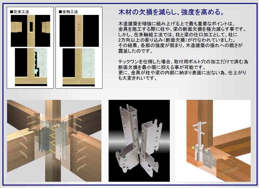 Other Equipment. The most important point in terms of robust to assemble the wooden architecture, It is to reduce as much as possible a cross-section loss of the columns and beams at the time of fitting and construction. If you use the Tekkuwan, It is possible to minimize the cross-section missing for only need processing of bolt holes for mounting. Order to further bracket does not appear on the surface fit the inside of the columns and beams, Finish is also very beautiful. 