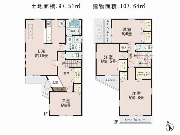 Floor plan. 47,800,000 yen, 4LDK, Land area 97.51 sq m , Building area 107.64 sq m