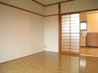 Living and room. Ahead of the sliding door is the kitchen