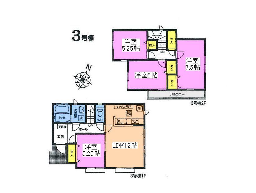 Floor plan. (3 Building), Price 26,800,000 yen, 4LDK, Land area 107.23 sq m , Building area 88.6 sq m
