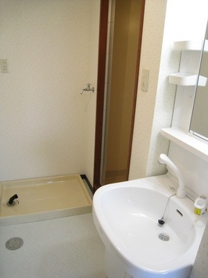 Washroom. It is a lavatory and washing machine inside the room
