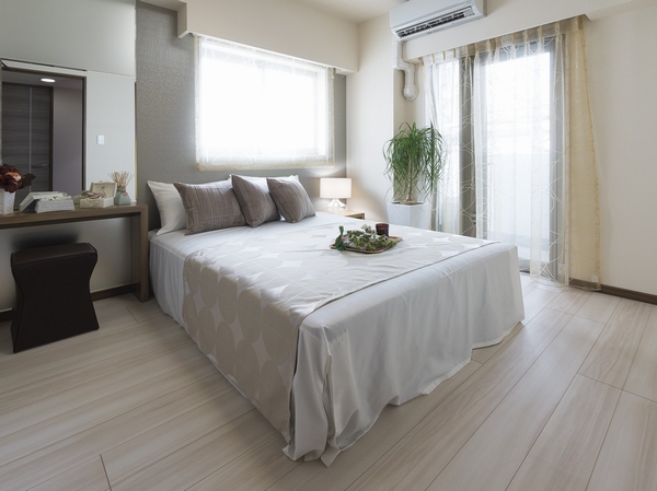 Master bedroom. In open space with a window (one balcony) on two sides, It has established a walk-in closet