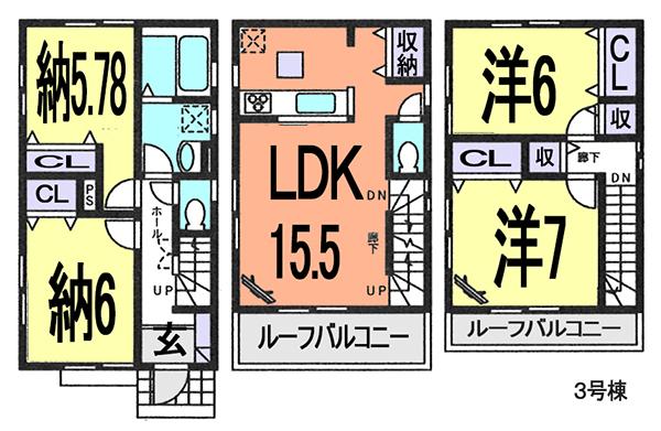Floor plan. (3 Building), Price 19,800,000 yen, 2LDK+2S, Land area 99.89 sq m , Building area 99.36 sq m