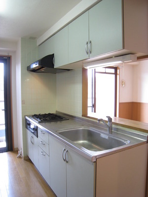 Kitchen. It overlooks the living room in the system kitchen counter kitchen