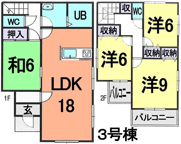 Floor plan. (3 Building), Price 29.5 million yen, 4LDK, Land area 152.21 sq m , Building area 105.98 sq m
