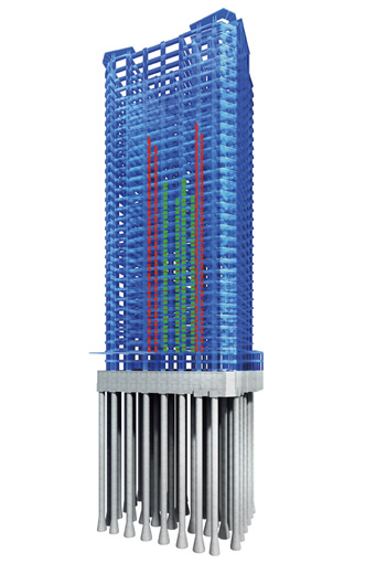 Building structure.  [80N / High-strength concrete of m sq m] A high-strength concrete to withstand compression of about 8000t per 1 sq m 1 ~ Adopted on the third floor of the pillars. You strongly support the tower on the ground 31 stories from his feet. Compacting the ground driving the sand pile from the ground surface of the site has adopted a sand compaction pile method. (Building structure conceptual diagram)