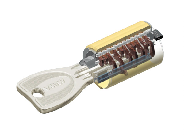 Security.  [Reversible cylinder key] A replication is almost impossible, It has adopted an effective high-performance cylinder lock also picking measures.