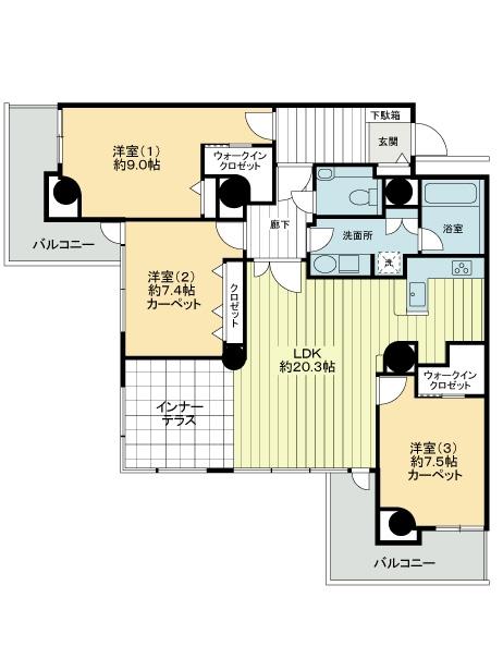 Floor plan. 3LDK, Price 54,800,000 yen, Footprint 110.88 sq m , Balcony area 16.42 sq m