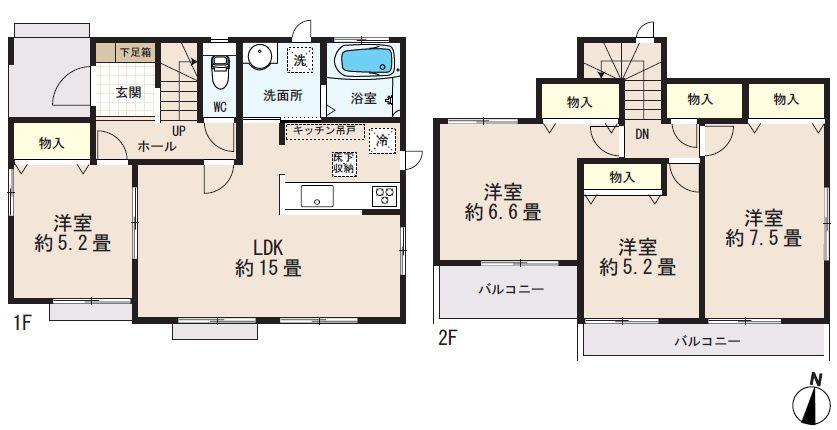 Floor plan. 24,800,000 yen, 4LDK, Land area 137.28 sq m , Building area 92.95 sq m face-to-face kitchen! South-facing bright LDK15 Pledge All the living room facing south Two-sided balcony
