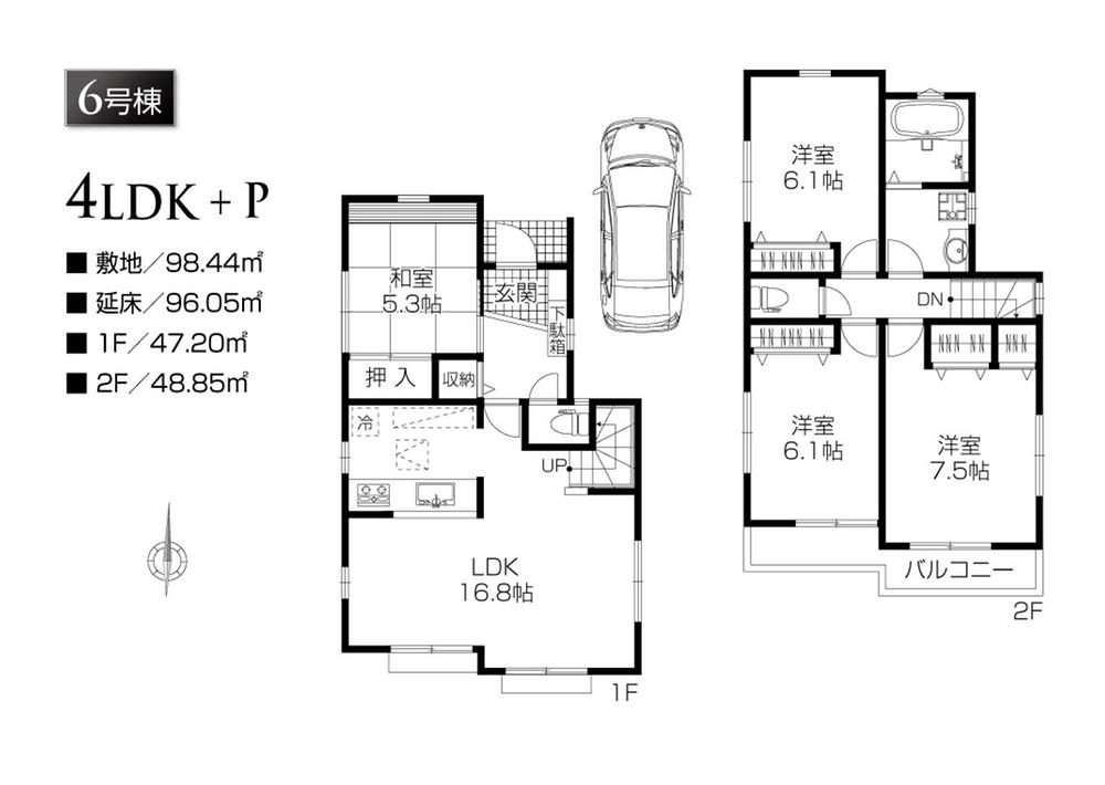 Floor plan. (6 Building), Price 37,800,000 yen, 4LDK, Land area 98.44 sq m , Building area 96.05 sq m
