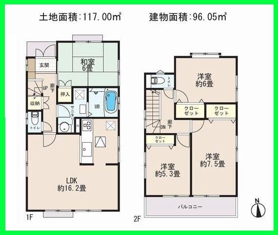 Floor plan. (3 Building), Price 32,800,000 yen, 4LDK, Land area 117 sq m , Building area 96.05 sq m