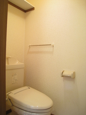 Toilet. Storage shelves and towel rails are happy toilet