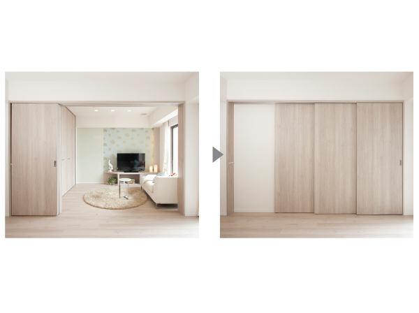 Living.  [Adopt a highly variable sliding door] It opens the sliding door, You can take advantage of, such as the hospitality of the visitors as living space a more spread, It is also available as a private space such as a den or nursery If you close. (living ・ Western-style dining)