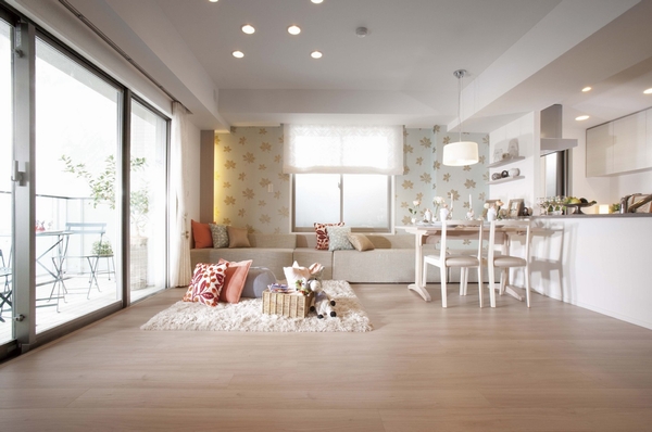 Building structure. Two-sided lighting sunshine full of living ・ dining. Face-to-face counter-type kitchen ~ living ・ dining ~ South balcony in unison, It spreads the space bright and airy reunion (Br type ・ model room)