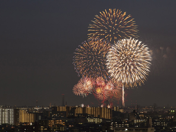 Living.  [View] From the upper floors is, You can Enlightenment, "The Todabashi fireworks" to brighten the night sky of summer. (This view photos from the 12th floor site (August 2013 shooting).  ※ View is not intended to be guaranteed over the future)