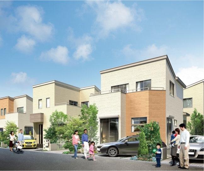 Rendering (appearance). Natural taste wood grain accents stand out in modern form. Easy streets familiar forever