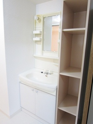 Washroom. Storage shelves with next to the washroom