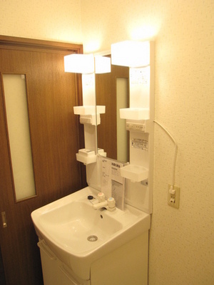 Washroom. Storage rack is nice dresser