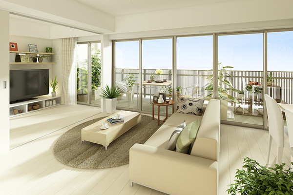 Living.  [living ・ dining] Place all of the house to the south-facing. Spacious wide span of 8.5m, Brightly, Warm space. (A type (6th floor) living ・ Dining Rendering)