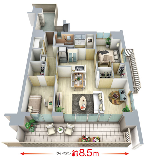 Other.  ■ 1st: spacious open feeling of the overwhelming bright living room of the span of the word → about 8.5m from about 8.5m wide span dwelling unit your conclusion of a contract's! It is the living space of the large satisfaction. (D type overhead view ※ Furniture, etc. are not included in the price)