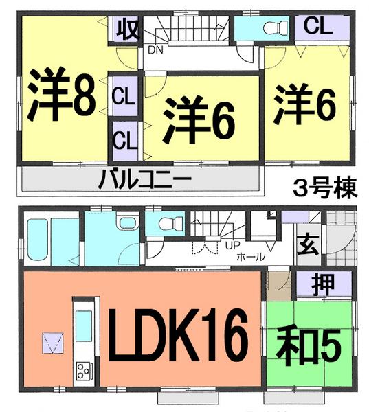 Floor plan. (3 Building), Price 20.8 million yen, 4LDK, Land area 123.58 sq m , Building area 98.53 sq m