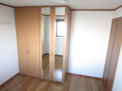 Living and room. There is a large mirror in the closet