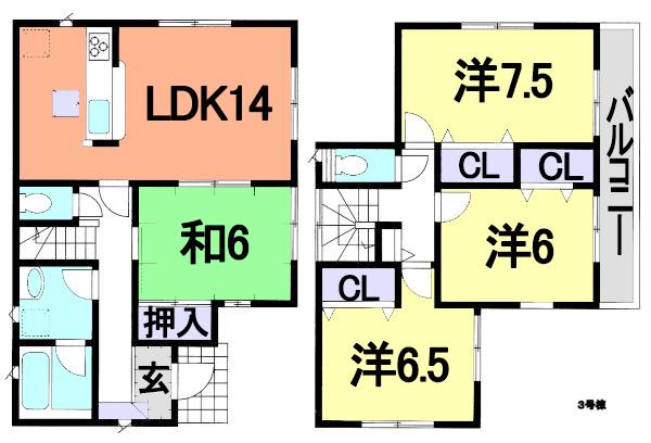 Floor plan. (3 Building), Price 30,800,000 yen, 4LDK, Land area 115.44 sq m , Building area 94.36 sq m