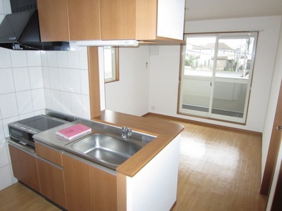 Living and room. Fashionable and convenient counter kitchen