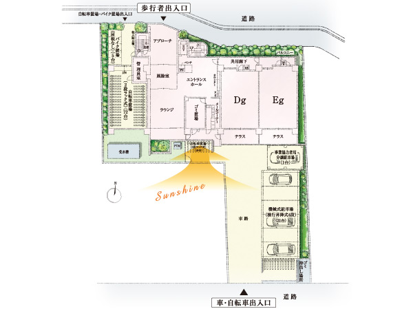 Shared facilities.  [Site layout] Considering grounds shape and the surrounding environment, Adopt a distribution building plan to direct the face true south. And the L-shaped site shape facing the north-south road on both sides, Taking advantage of the surrounding environment, which Hirake to true south-facing, It has undergone a planning to bring out the comfort effectively.