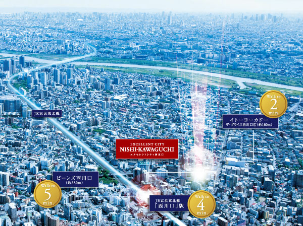 Surrounding environment. Taming the JR Keihin Tohoku Line "Nishikawaguchi" station to fulfill the direct access to the inner city. Subdue a variety of commercial facilities be integrated around the station. Living Bojishon that goodness and life convenience around the foot is exquisitely Cross, Us to expand the living freedom of.  ※ Tokyo than local sky ・ It has been subjected to some CG processing in overlooking the downtown district (2012 May shooting aerial photographs, In fact a slightly different. )