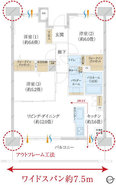 Floor: 3LDK + 2W, occupied area: 73 sq m