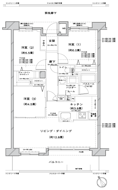 Floor: 3LDK + W, the occupied area: 72.11 sq m