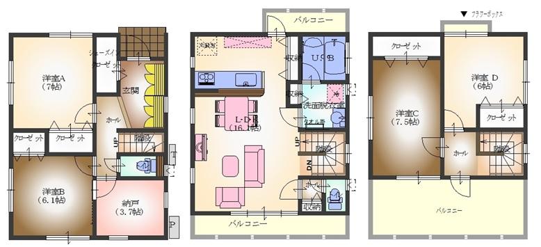 Floor plan. 52,600,000 yen, 4LDK + S (storeroom), Land area 109.39 sq m , 2F living considering the building area 116.74 sq m housework flow line, Wide balcony of 3F is also proud. 