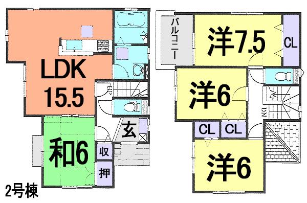 Floor plan. (Building 2), Price 34,900,000 yen, 4LDK, Land area 116.51 sq m , Building area 98.53 sq m