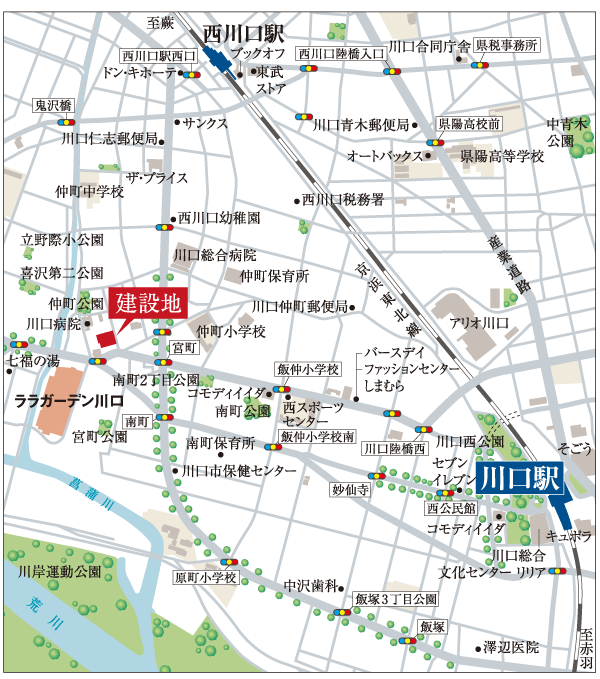Surrounding environment. Educational facilities are about to Municipal Nakamachi Elementary School 360m ・ A 5-minute walk, About to municipal Nakamachi Junior High School 630m ・ Also attended easy distance one and an 8-minute walk. Furthermore Arakawa river (about 980m), Lush park is dotted with such Kawaguchi Nishi (about 1400m). Enjoy the sport in the family and on weekends when you enjoy a leisurely stroll, Because looks good. Since the sports facilities west sports center to the other (about 830m) also, Also active family, Can you move feel free to abandon the body. Also look out for a convenient living environment. (Local guide map)