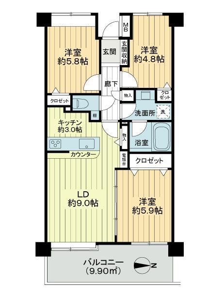 Floor plan. 3LDK, Price 31,800,000 yen, Occupied area 64.74 sq m , Balcony area 9.9 sq m