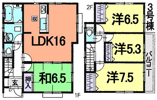 Floor plan. (3 Building), Price 27,800,000 yen, 4LDK, Land area 110.41 sq m , Building area 96.05 sq m
