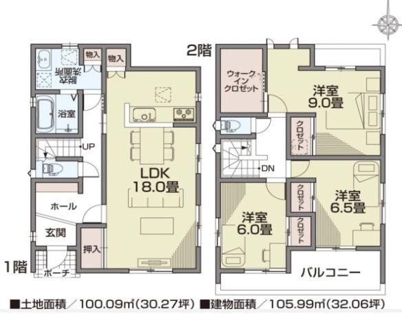 Floor plan. 42,800,000 yen, 3LDK, Land area 100.09 sq m , Building area 105.99 sq m
