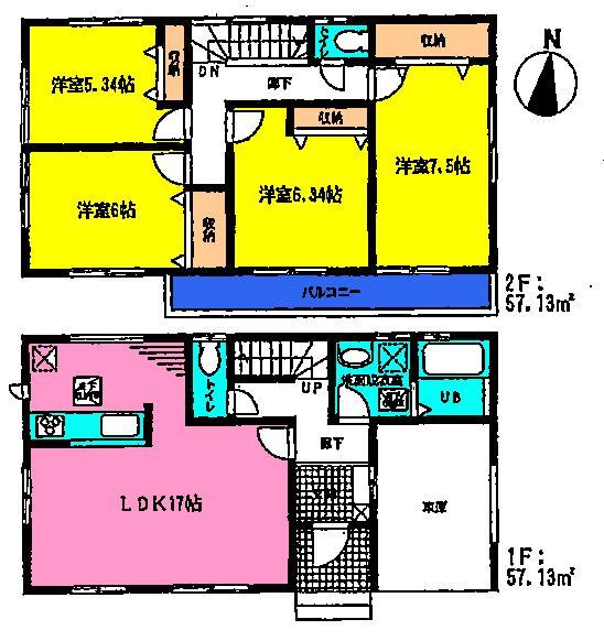 Floor plan. (Building 2), Price 34,800,000 yen, 4LDK, Land area 145.03 sq m , Building area 114.26 sq m