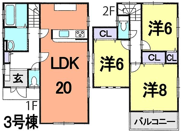 Floor plan. (3 Building), Price 36,800,000 yen, 3LDK, Land area 106.24 sq m , Building area 94.39 sq m
