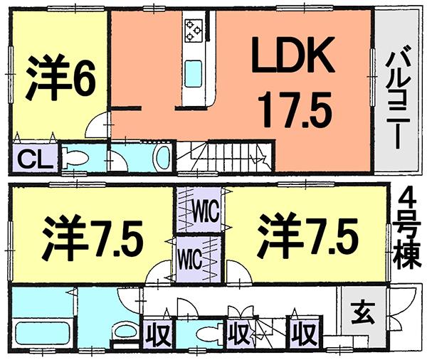 Floor plan. (4 Building), Price 33,800,000 yen, 3LDK, Land area 103.25 sq m , Building area 93.15 sq m