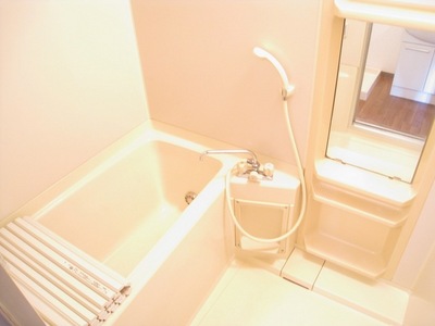 Bath. Mirror and storeroom space with