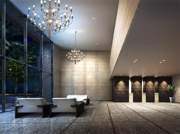 Features of the building.  [Lounge] Space structure full of a feeling of opening of the two-layer blow and, To chic nestled texture rich stone tone material center, Breathing the tradition of hospitality. Lighting by an elegant chandelier, Also Jing of moisture of approach garden spread to the south front, Adorned with fine moments of relaxation. (Rendering)